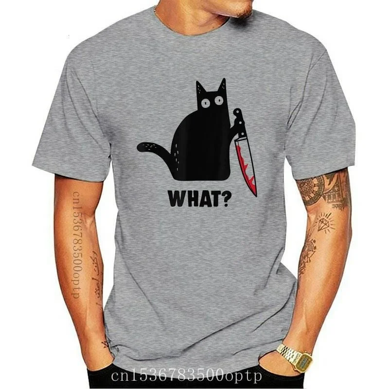 

Забавная Мужская футболка на Хэллоуин, хлопковая уличная одежда с коротким рукавом, с кошачьим убийцей и ножом, Повседневная футболка, с апп...