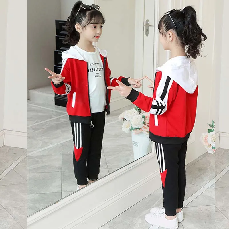 4-12 year old girls spring and autumn sports two-piece fashion color matching hooded top coat + pants Korean children's clothing