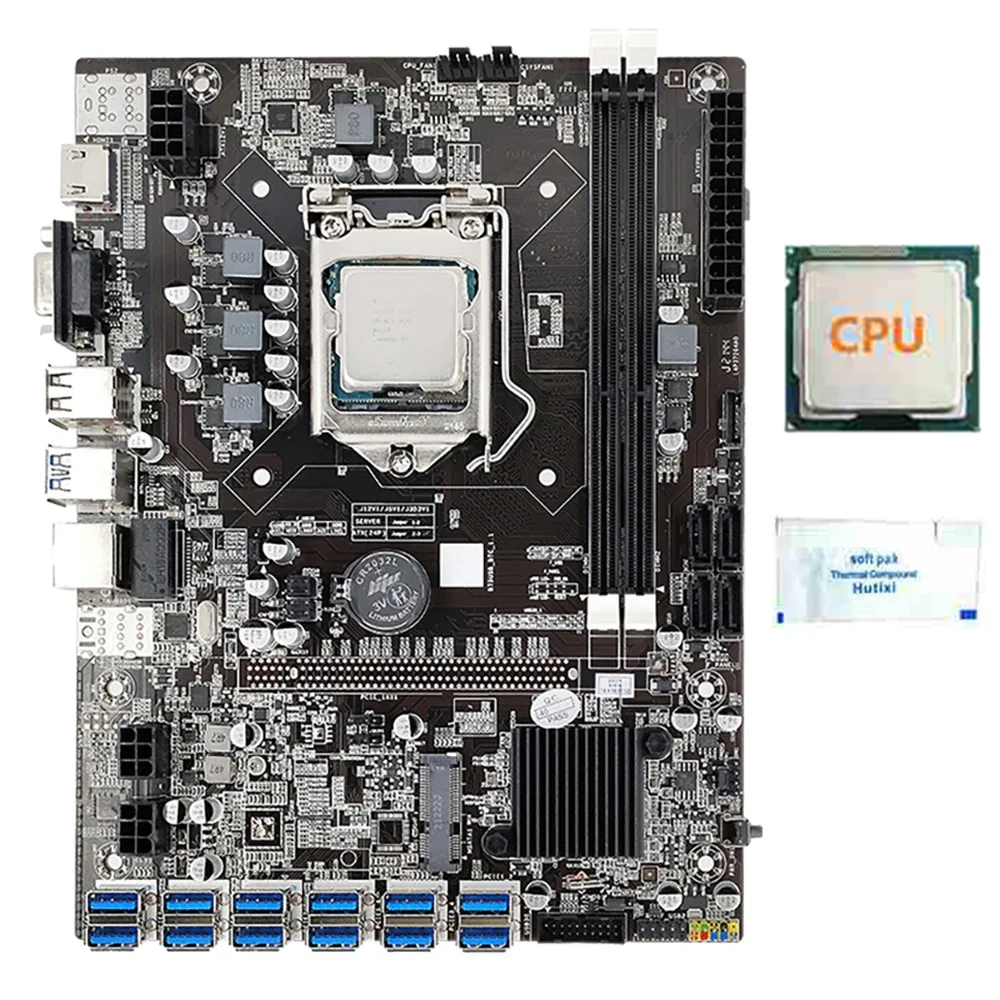 B75 12 Card BTC Mining Motherboard with CPU+Thermal Grease 12 USB3.0 to PCIE Graphics Card Slot LGA1155 DDR3 RAM SATA3.0