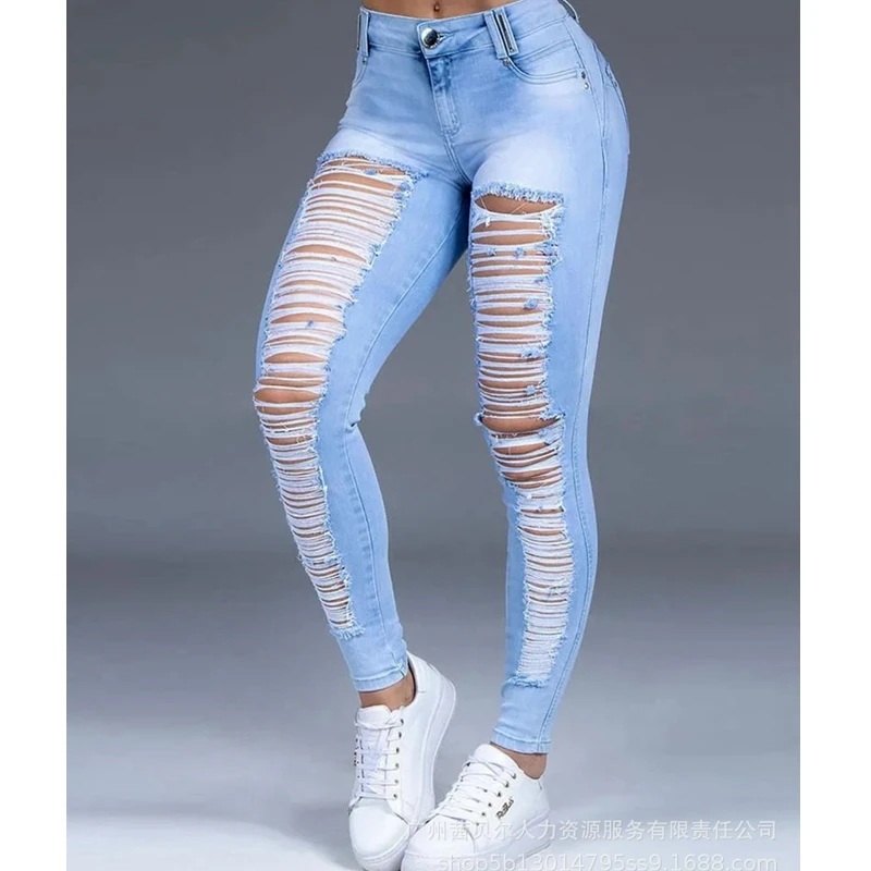 

Summer Autumn Sexy Jeans Women's Fashion Button High Waist Denim Pencil Pants Women's Casual Solid Color Slim Ripped Jeans