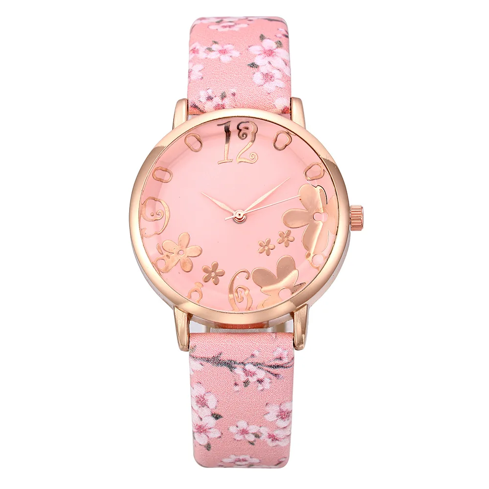 Hot Sale Flower Pattern Rose Gold Ladies Quartz Watch Casual Leather Flower Band Student Watch