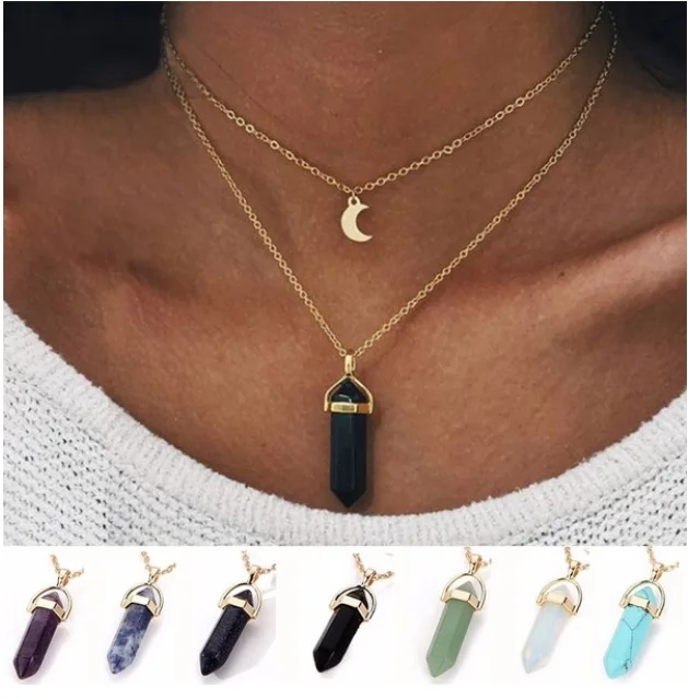 Natural Crystal Necklace for Women Creative Youth Girls Cure Hexagonal Column Moon Neck Chain Pendant Jewelry  Accessories Gifts
