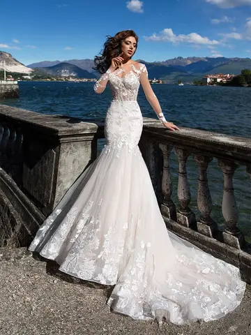 Женское свадебное платье-Русалка It's yiiya, белое фатиновое платье со шлейфом и длинными рукавами на лето 2019