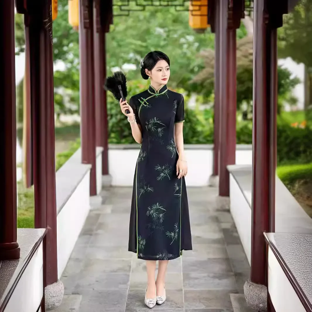 Yourqipao черный китайский традиционный Cheongsam новый стиль 2024 молодой облегающее