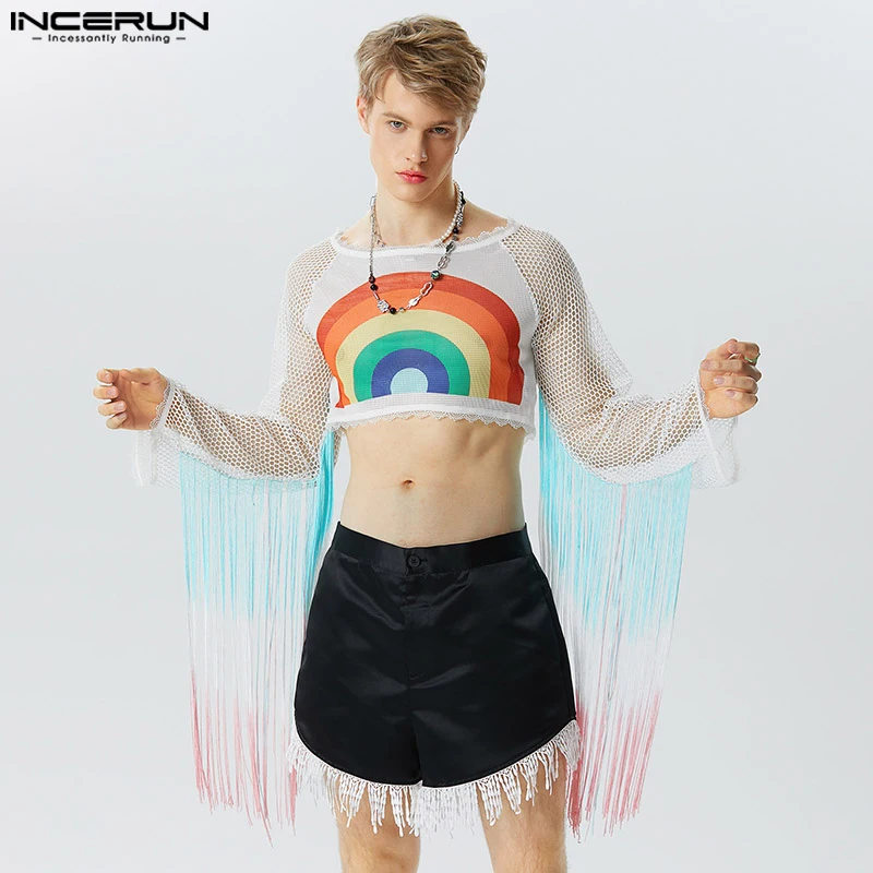 

Handsome Well Fitting Tops INCERUN Men's Rainbow See-through Mesh Cropped T-shirts Casual Male Tassel Long Sleeve Camiseta S-5XL