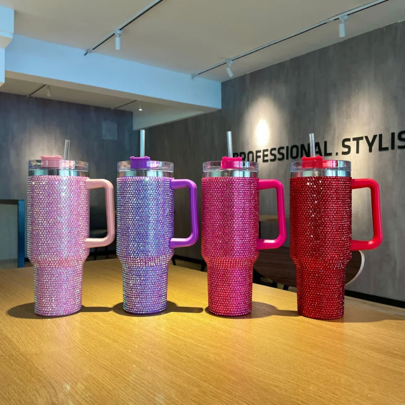 

Кружка для кофе, стальная кружка со стразами, кофейная чашка, кружка из нержавеющей стали, посуда для напитков, вакуумная термобутылка с ручкой, с изолированной соломинкой