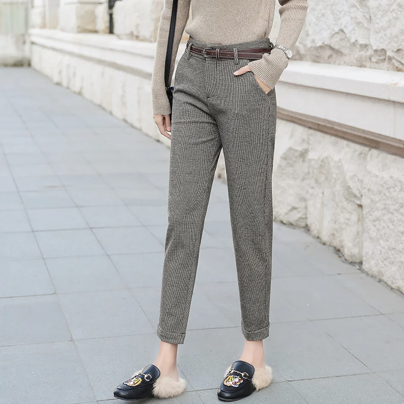Фото Женские брюки с высокой талией повседневные клетчатые офисные Костюмные поясом