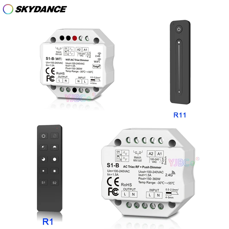 

S1-B WT Wifi Led Triac RF Dimmer R1/R11 Remote 2.4G Wireless 1.5A 150W-360W Push Dimmer LED Switch Controller AC 110V-220V