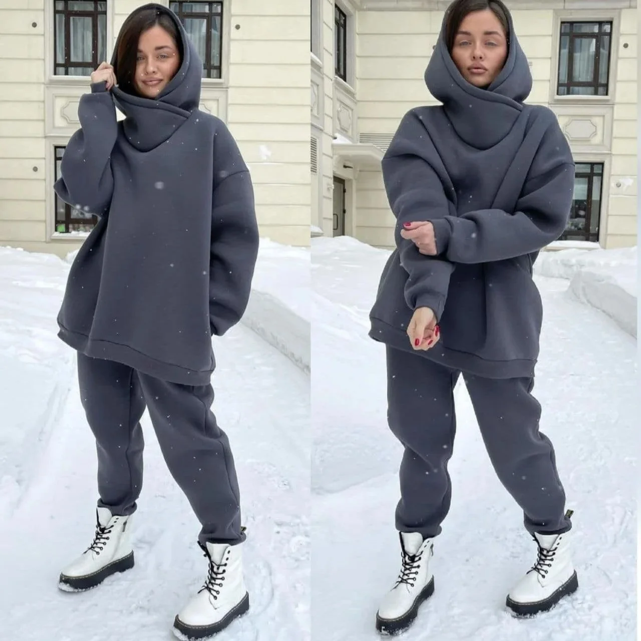 

Casual female spring winter warm sweater two piece set oversize hoodie and pants sportswear fleece-lined suit
