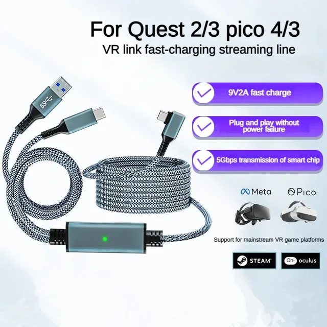 Кабель виртуальной реальности USB3.2 Gen1 для Oculus Quest 1 2/PICO Neo 3/PICO 4, кабель для быстрой зарядки, 5 Гбит/с, 2 А, шнур для передачи данных, линия потоковой передачи виртуальной реальности