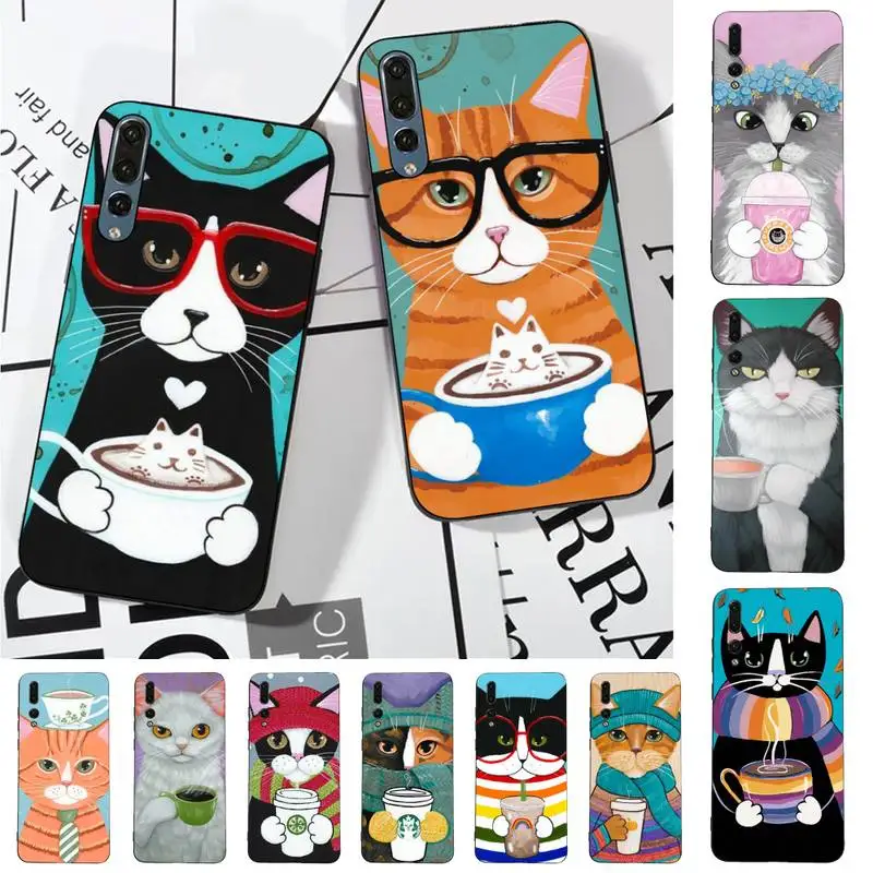 

Cute Coffee Cat Phone Case for Huawei P30 40 20 10 8 9 lite pro plus Psmart2019
