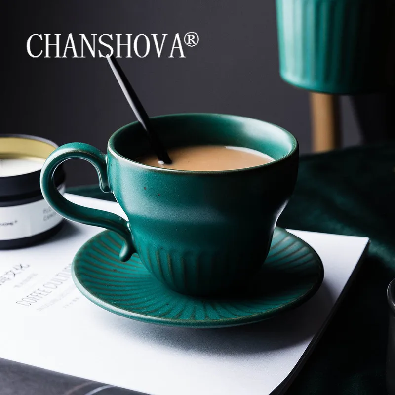 

CHANSHOVA 200ml Simple Retro Dark green Ceramic Coffee cup set Tea cup and saucer set China porcelain Coffee mug Milk mugs C042