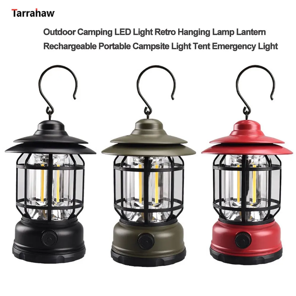 New Outdoor Camping LED Light Retro Hanging Lamp Lantern Rechargeable Portable Campsite Light Tent Emergency Light