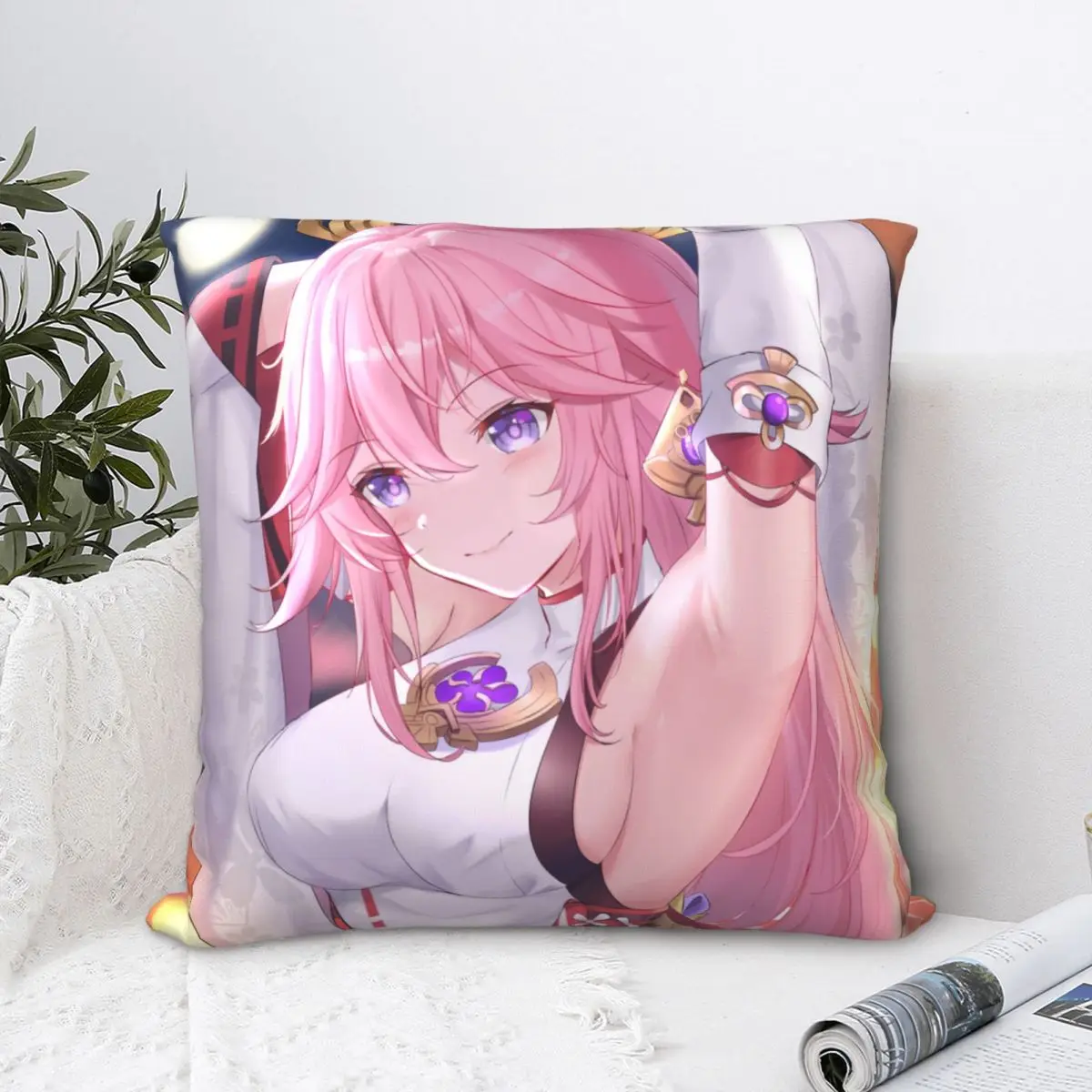 

Cute Yae Miko Throw Pillow Case Genshin Impact Game Cushion For Home Sofa Chair Decorative Hug Pillowcase