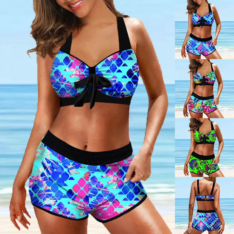 Women Summer Loose Size Swimsuit Two Piece Set Beachwear Swim Suit New Design Printing Swimwear Female Sexy Bathing Suit Bikini