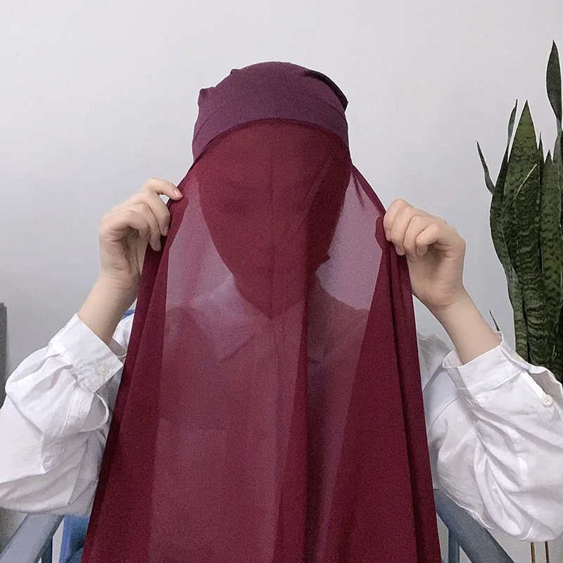 2023 Muslim Women Chiffon Hijab With Cap Bonnet Instant Chiffon Hijab Pinles Shawl Head Scarf Under scarf Caps Cover Headwrap