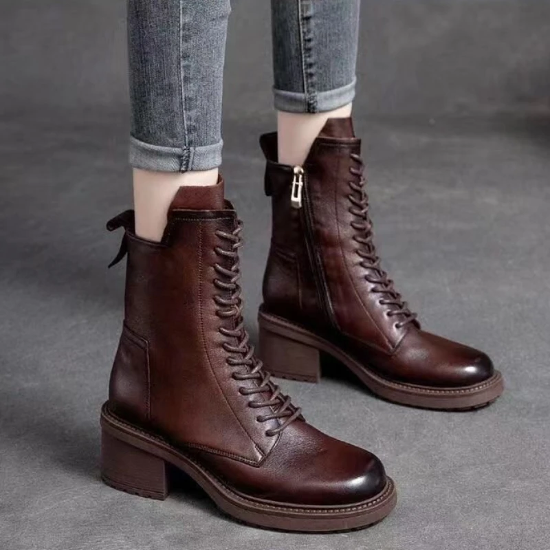 New Pu Leather High Quality Women's Boots Autumn Winter Square Mid Heel Ankle Boots Lace Up Zipper Ladies High Heels Botas Mujer
