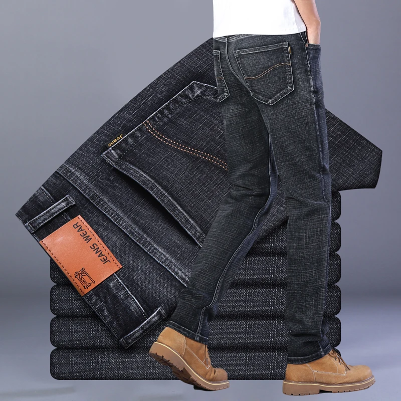 

2022 New Men's Stretch Slim Fit Jeans Business Thick Casual Office Classic Fashion Black Light Blue Straight Denim Trousers Male