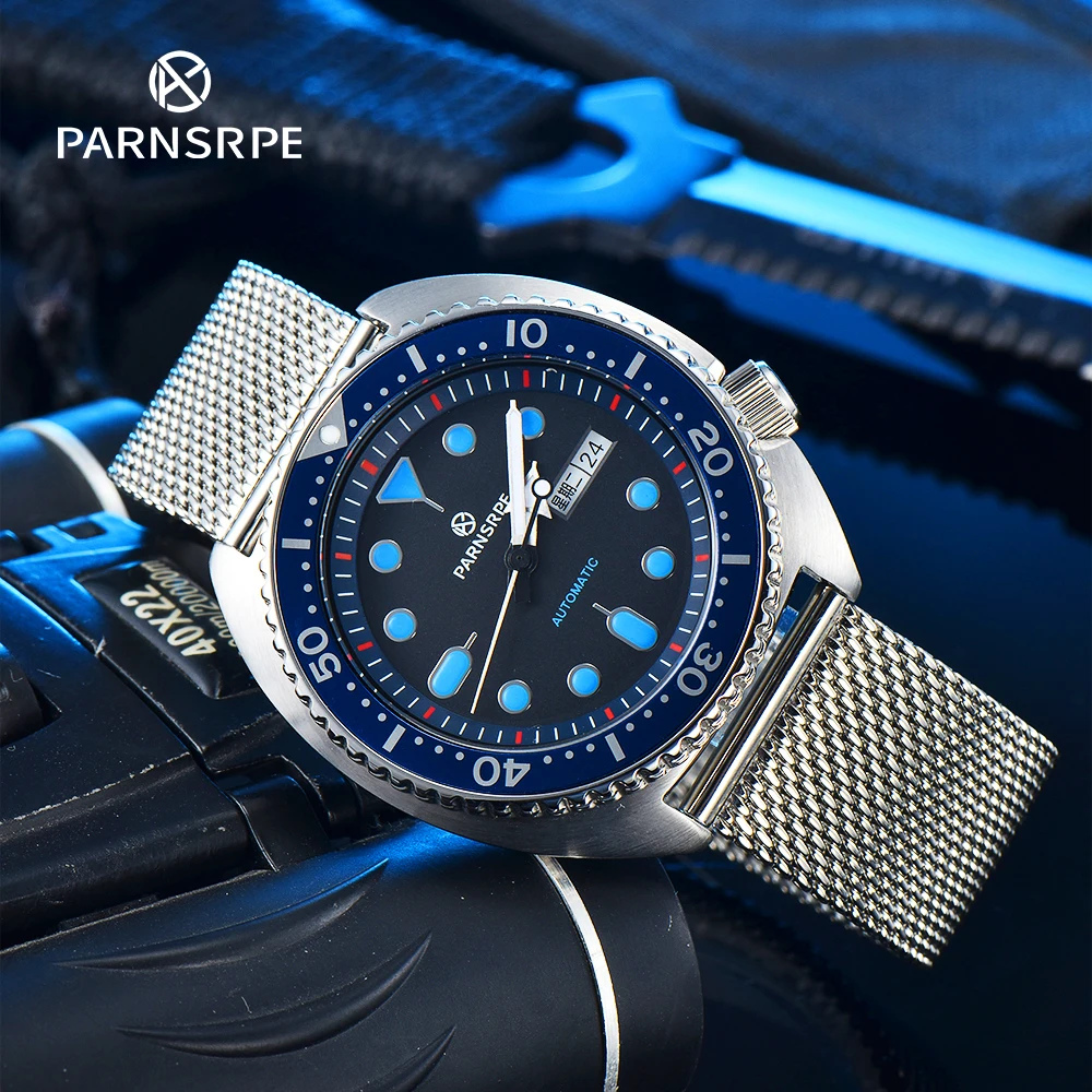 

PARNSRPE Big Abalone Sports Men's Automatic Mechanical Watch NH36A Blue Luminous Aseptic Dial Day Date Indicator Diver's Watch