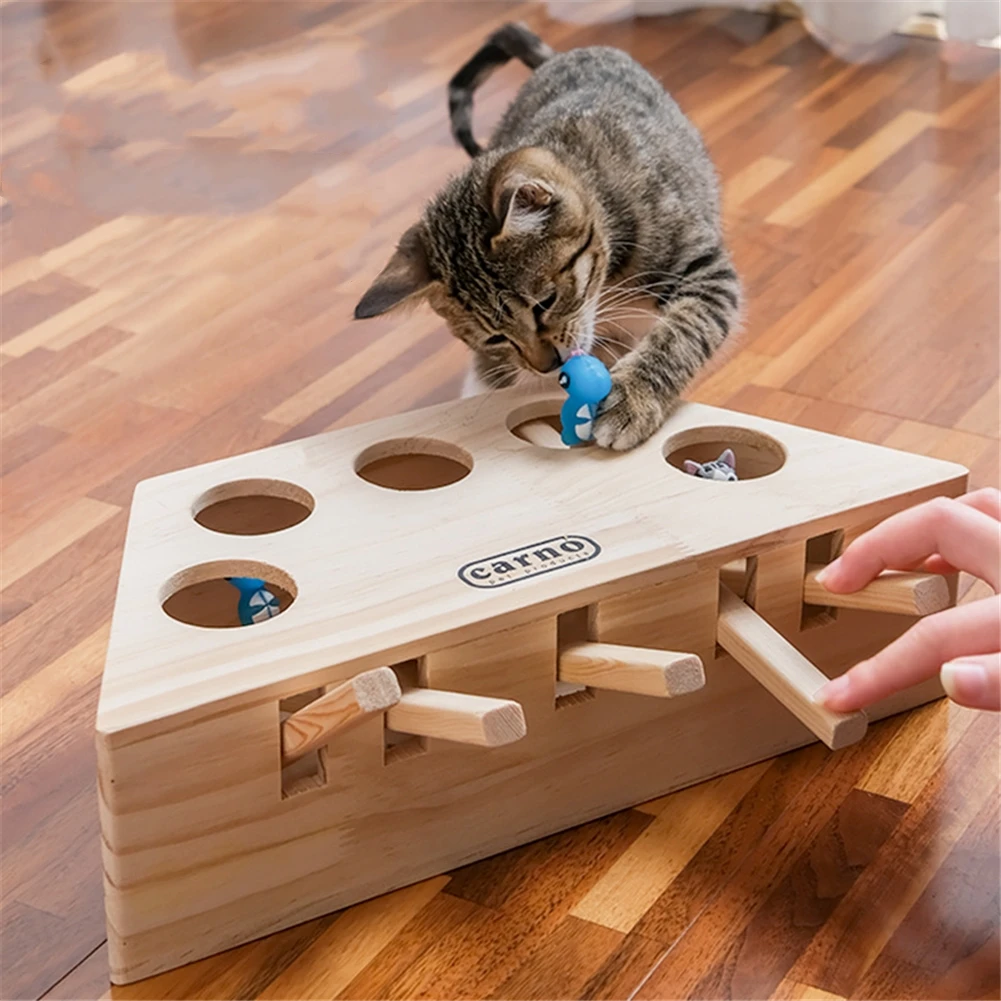 

Cat Hunt Toy Chase Mouse Solid Wooden Interactive Maze Pet Hit Hamster With 3/5-holed Mouse Hole Kitten Catch Bite Funny Toy