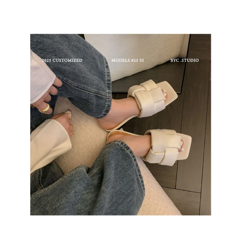 2023 Spring/Summer Colored Flat Heel Sandals Square Head Women's Heel Solid Color Slippers Women Sandals Ladies Shoes