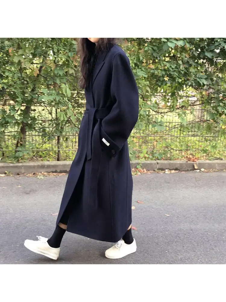 

Женское шерстяное пальто, длинный свободный шерстяной халат с широкими рукавами и поясом на завязках, теплый толстый однотонный шерстяной ...