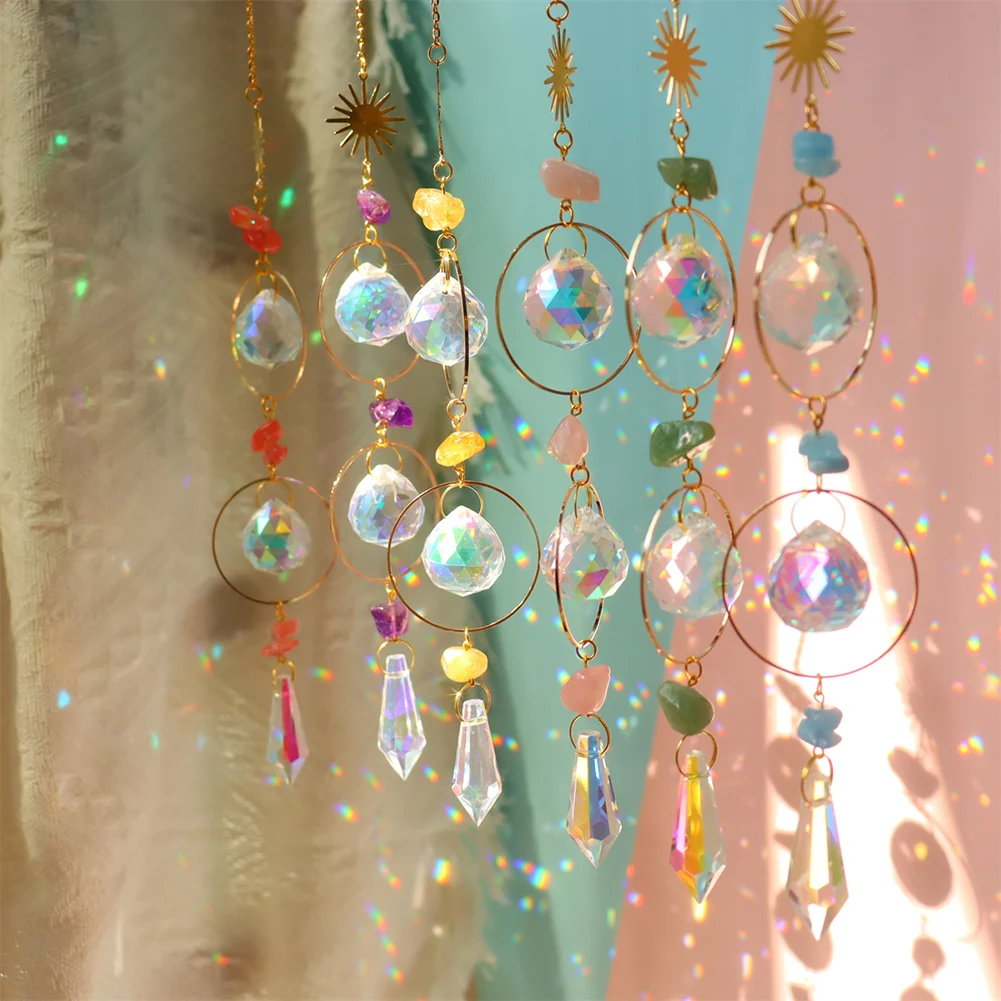 

Crystal Wind Chimes Diamond Ball Natural Stone Hanging Prisms Light Chaser Catcher Ornament Window Curtain Jewelry Pendant Chand