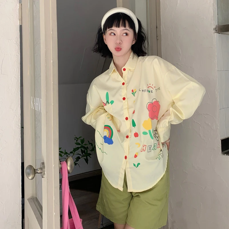 

Женская рубашка с длинным рукавом, свободная универсальная рубашка с принтом граффити, 2022