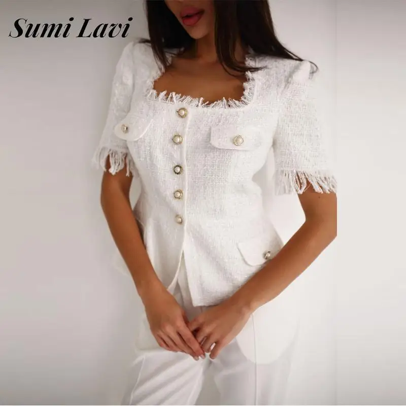 

Summer New Square Collar Short Sleeve Blazer Set Elegant Lace Small Fragrance Blazer Long Pant Set Fashion White Suit Pants Suit