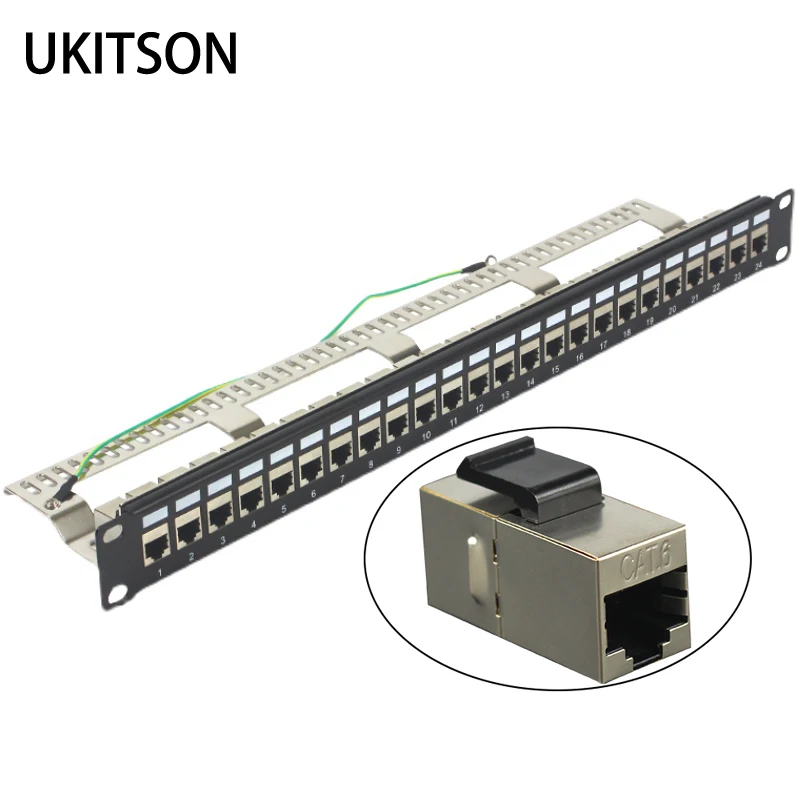 1U Cabinet Patch Panel With 24 Ports Pass-through Shield CAT6 RJ45 Network Keystone Coupler LAN Cable Adapter Ethernet Frame