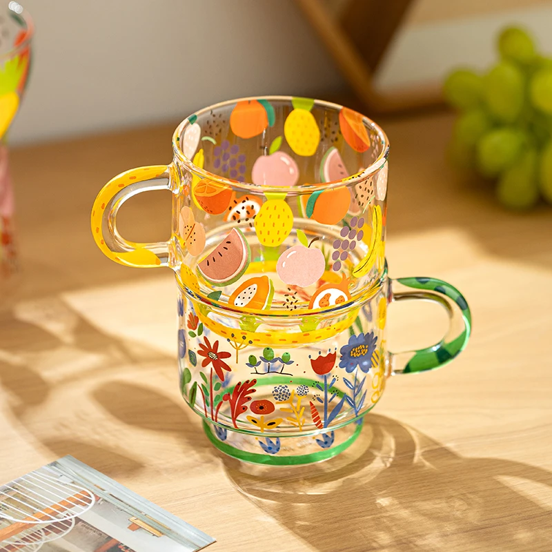 400ml Fruit Flower Pattern Glass Mug Stackable Beer Juice Cups Office Coffee Milk Mug Heat-resistant Drinkiware Creative Gifts