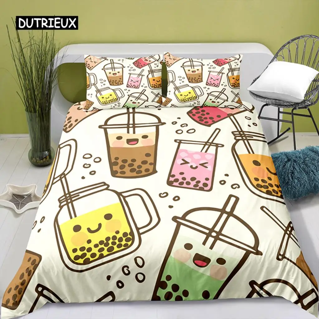 Lovely Cartoon Food King Queen Duvet Cover Pearl Milk Tea Bedding Set Kids Teens Adults Dessert Fries Cola Polyester Quilt