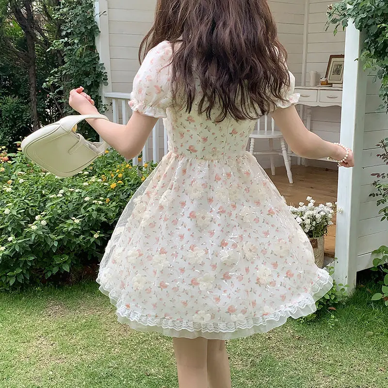 

Gentle and Sweet Fragmented Flower for Women's Summer New Style Slim Mesh Bubble Sleeves Super Immortal Princess Dress