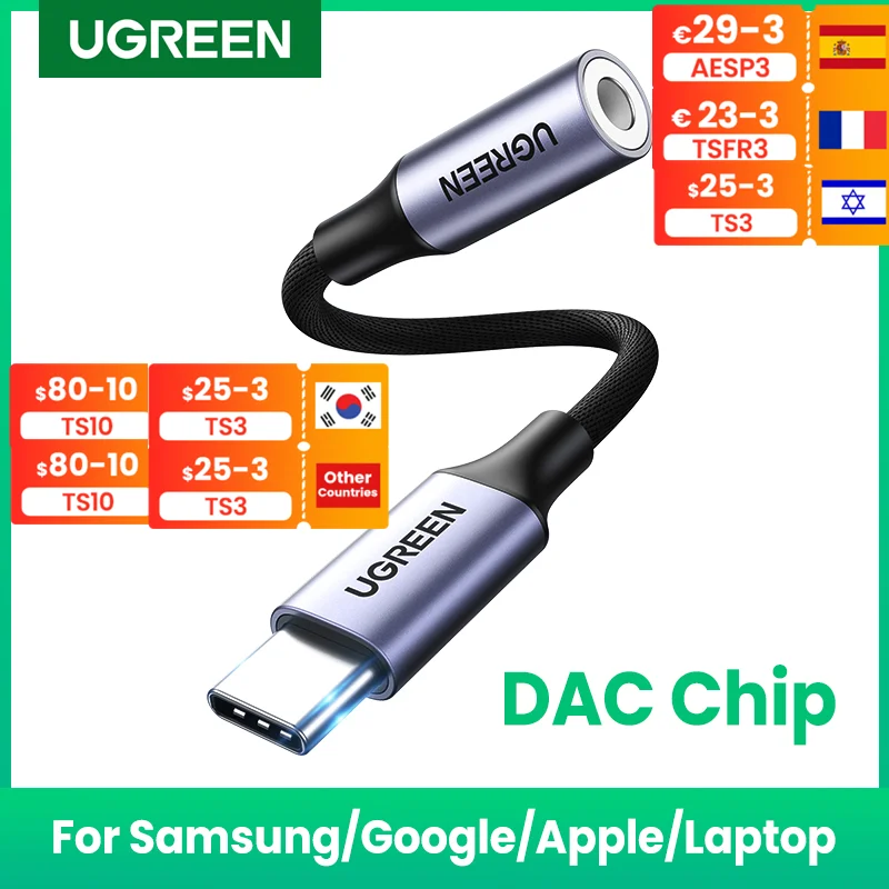 

2022 UGREEN USB Type C to 3.5mm DAC Chip Headphone Adapter USB C to 3.5 Aux Cable for PC for Macbook Pro Samsung Galaxy Google