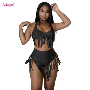 Adogirl PU Leather Tassel Two Piece Set Women Beach Club Outfits Sexy Lace Up Halter Backless Crop Top High Waist Shorts Suit 1