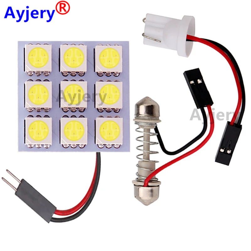 

AYJERY 100 шт. 12 В автомобисветильник щения 5050 9 SMD светодиодные лампы для чтения с двумя адаптерами