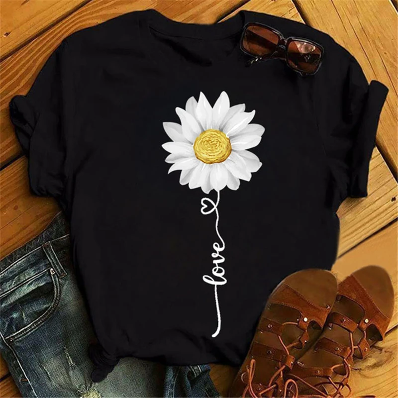 

Harajuku Women's Tshirts Daisy Flower Graphic Printed Women's Casual Tops New Women's Round Neck Black Tee Women's T-shirt
