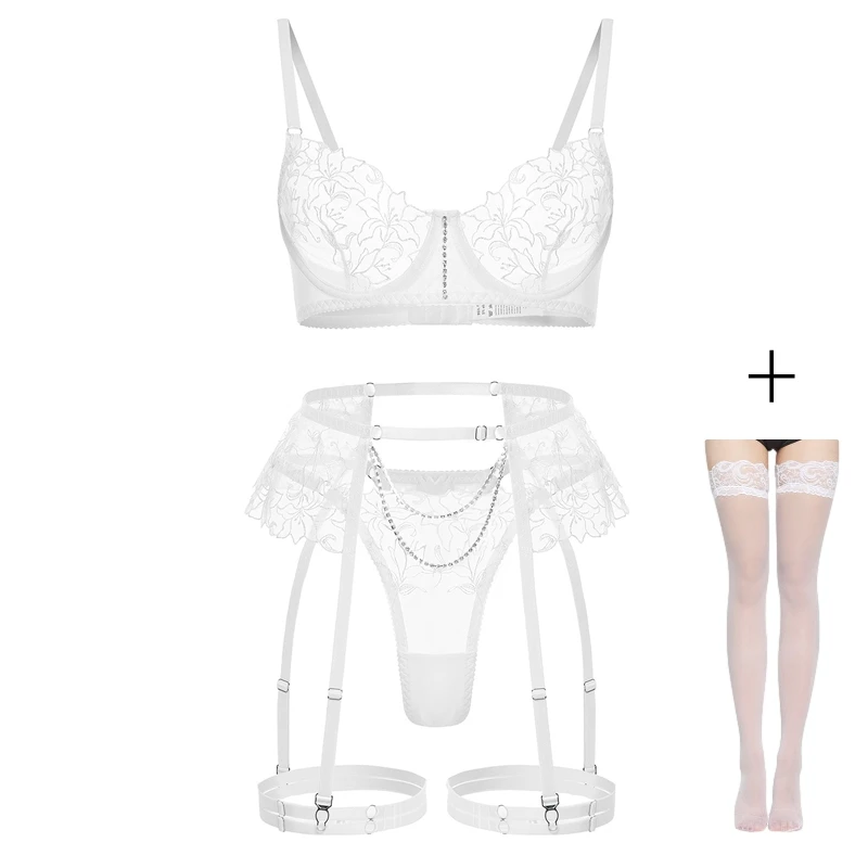 

Lace Embroidery Lingerie Sexy Outfit Push Up Underwear Suit Garters for Women 5-Piece Exotic Thin Bra and Panty Set See Through