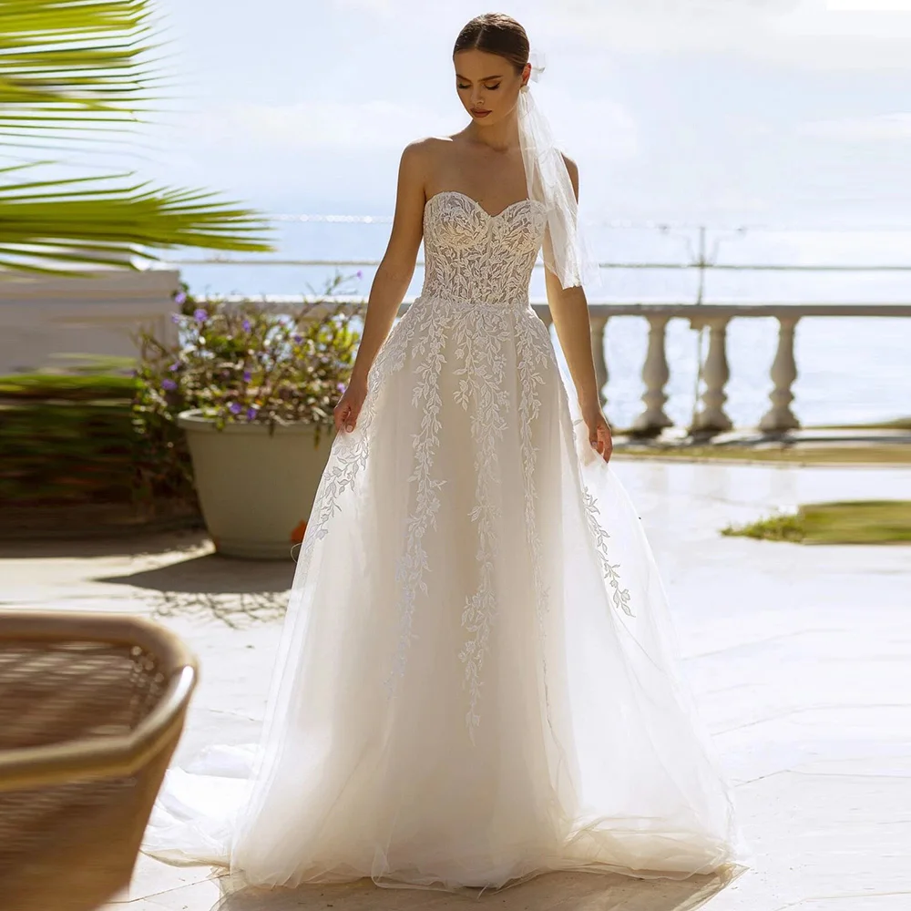 

Romantic Wedding Dress for Women with Detachable Puff Sleeves Sweetheart Illusion Lace Applique A Line Bridal Gowns