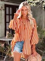 european and american womens clothing 2022 spring and summer new blouses beach vacation sunscreen mid length striped shirts