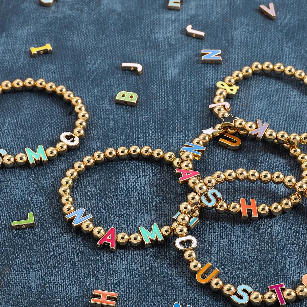 

Custom Colorful Alphabet Letter Gold Plated Copper Beads Bracelet for Women Personalized Name Date Strand Bracelet Birthday Gift