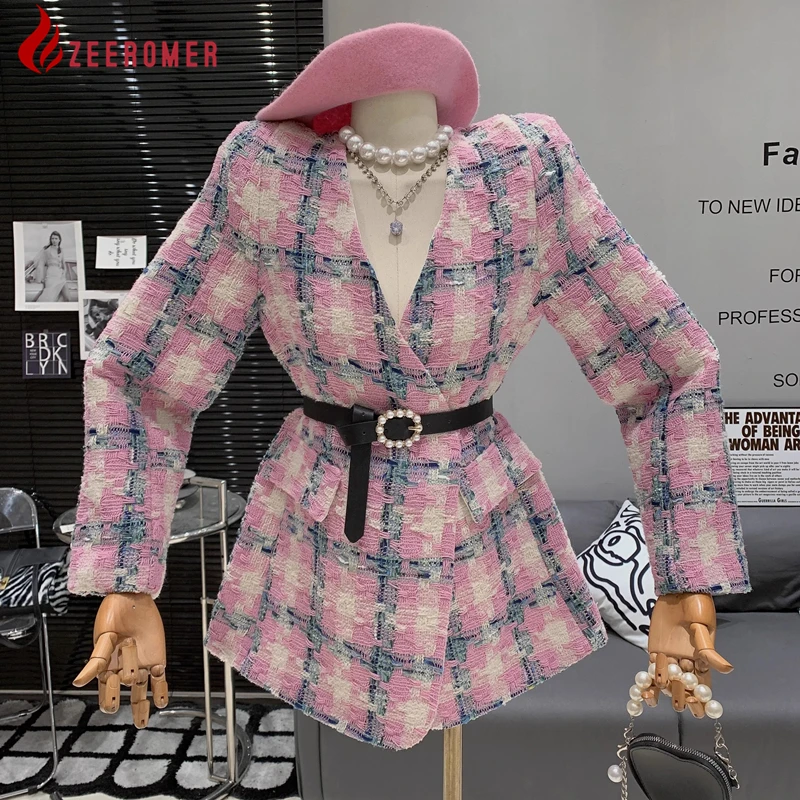 

Женский твидовый блейзер в клетку, розовый пиджак с V-образным вырезом и поясом, приталенная верхняя одежда, осень-зима 2023