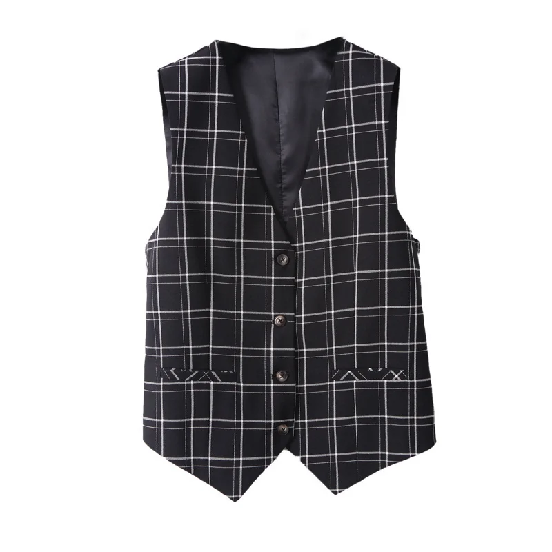 Женский клетчатый жилет #0707 черный и серый элегантный офисный короткий с