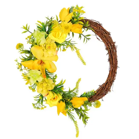 Искусственный венок для весны, яркая Желтая роза и венок из ротанга для весенней передней двери, декор для входа в фермерский дом