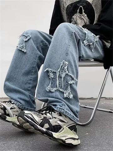 Джинсы мужские мешковатые прямые в стиле хип-хоп, модные штаны с вышивкой в виде звезд, хлопковые брюки, Y2K