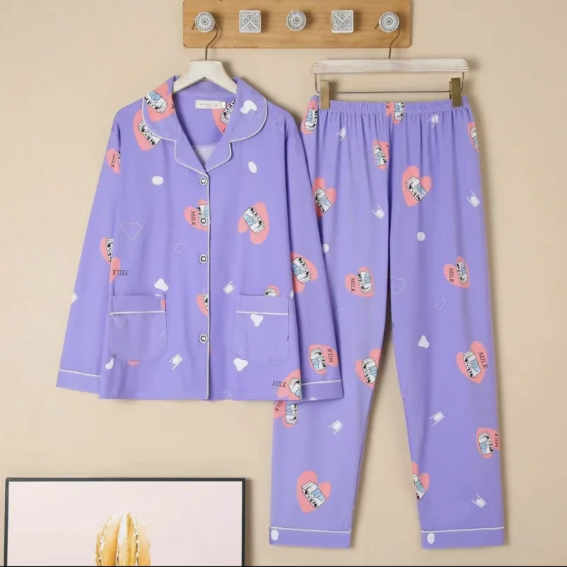 1 Pajama Woman 2023 Spring/Summer 2023 Big Lapel Milk Carton Print, Cardigan Pajama Two Piece Set Loose Loungewear Long Style