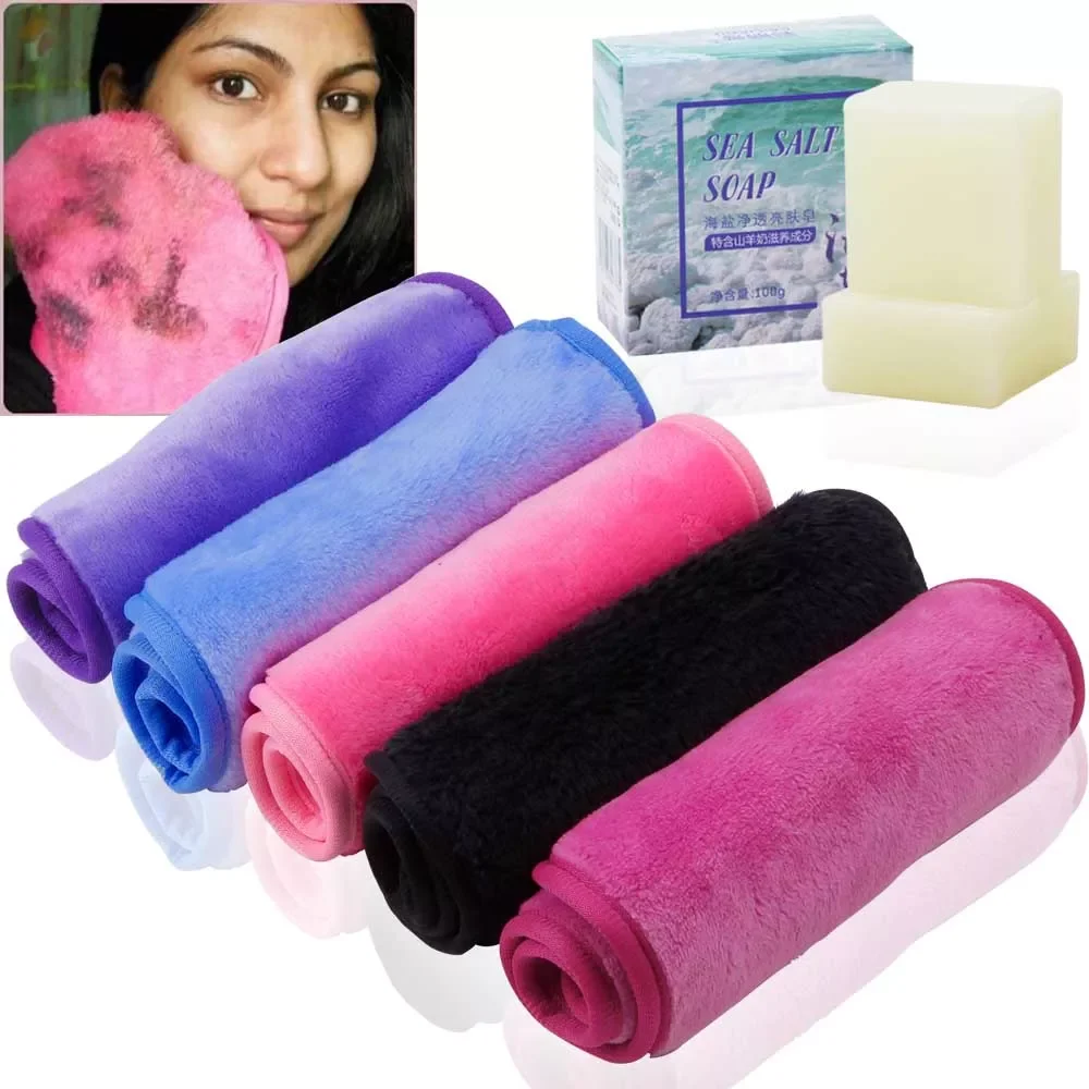 

Makeup Remover Cloth Face Cleansing Towel Microfiber Face Cloth 100g Sea Salt Soap Goat Milk Moisturizing Face Whitening Soap