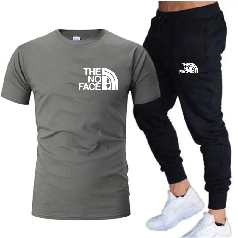 THENO 2023 new men's cotton hot brand summer T-shirt+trousers men's fitness jogging two-piece men's casual sports suit