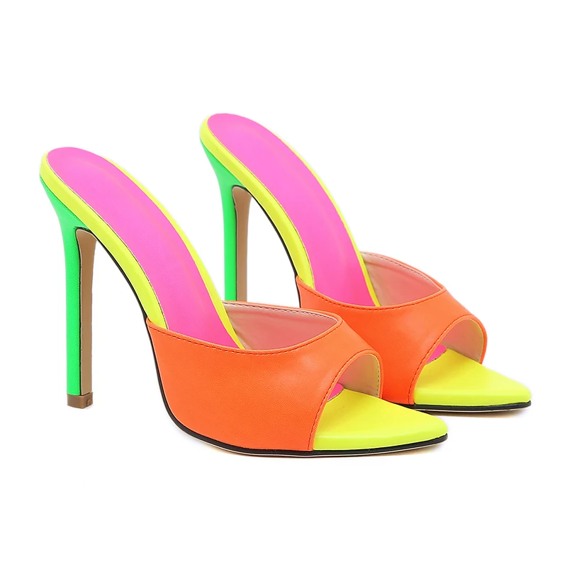 Summer Peep Toe Mixed Colors Pointed Stiletto High Heels Women's Slippers Slip On Slides Outdoor Simple Ladies Mules Shoes Pumps