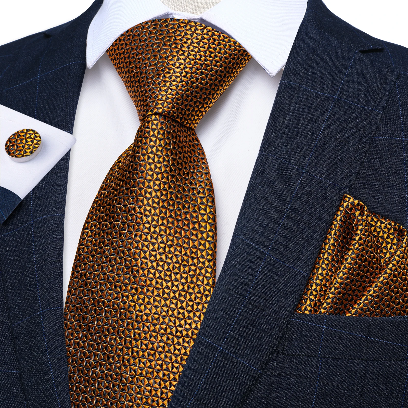Роскошный Золотой клетчатый Однотонный мужской набор 8 см галстуков носовой платок запонки Свадебная вечеринка Искусственный подарок оптовая продажа
